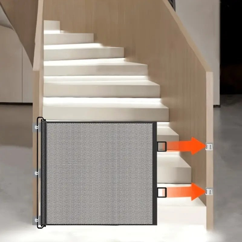 Expandable Pet Fence, made of PVC mesh material, easy to install, suitable for small dogs, cats, and various pets. No-drilling design effectively prevents pets from escaping, making it an ideal choice for stairs, corridors, and doorways.  （WHITE）
