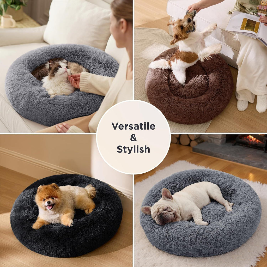 Calming Donut Cat Bed - Fluffy Plush Round Pet Bed, Suitable for Indoor Cats and Small Dogs, Washable, Anxiety-Free, Soft, Comfortable Hug, 23x23 inches, Brown (Basic Version)