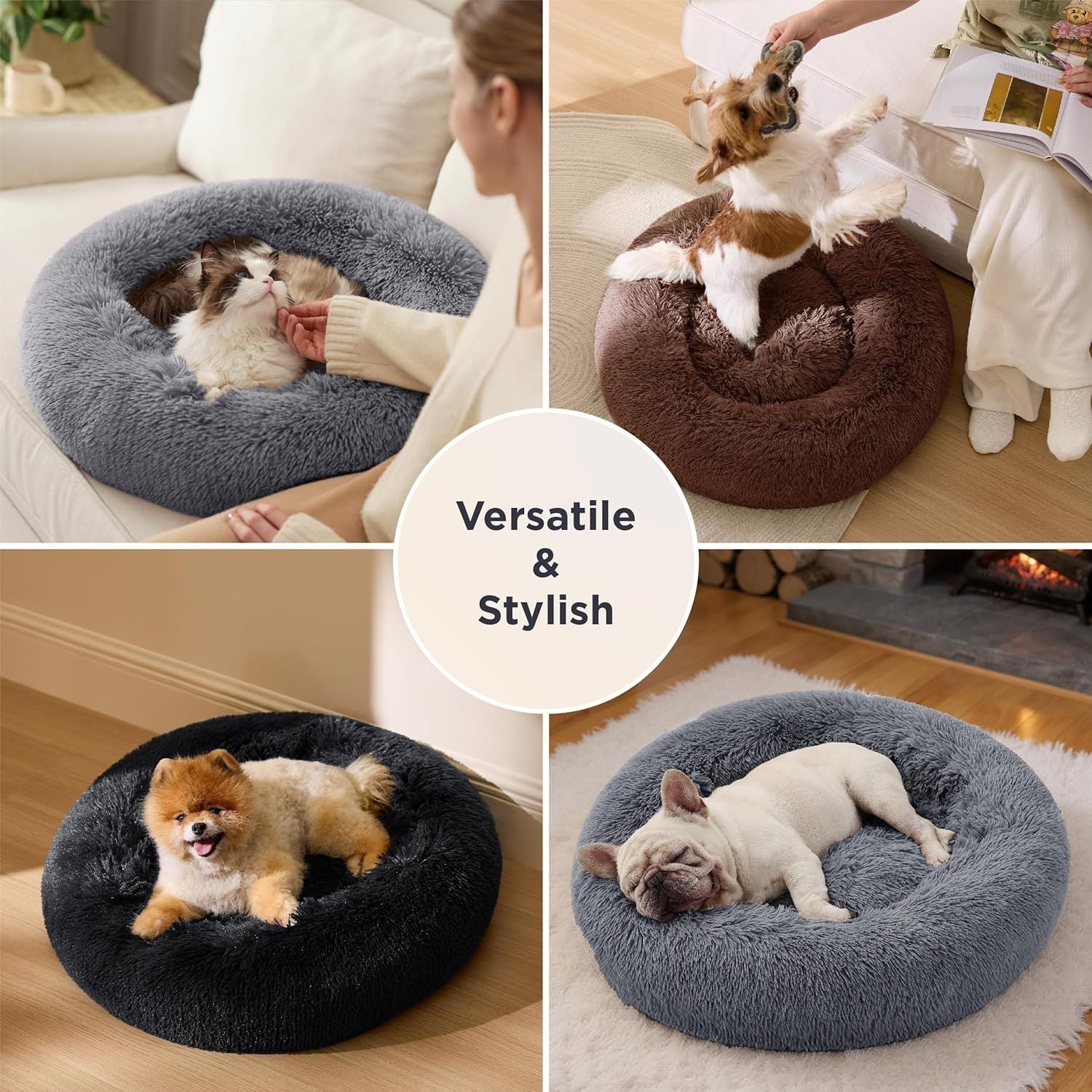 Calming Donut Cat Bed - Fluffy Plush Round Pet Bed, Suitable for Indoor Cats and Small Dogs, Washable, Anxiety-Free, Soft, Comfortable Hug, 23x23 inches, Brown (Basic Version)