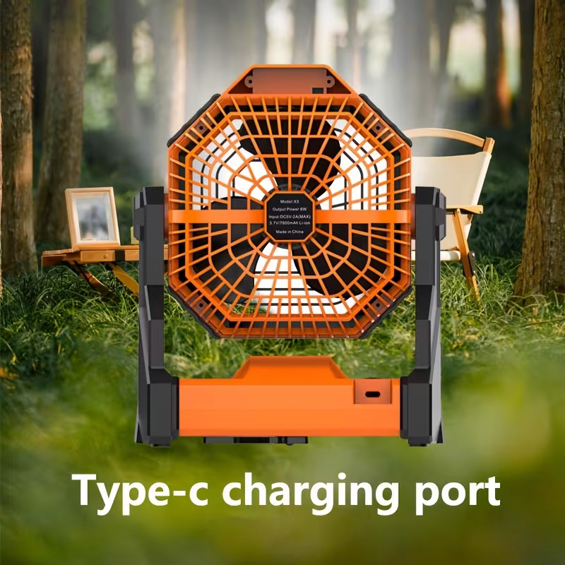 A portable outdoor camping fan with adjustable brightness, LED light strip hook, USB rechargeable, built-in 7800mAh battery for long battery life, 270° adjustable outdoor cooling fan, stepless speed change, silent, suitable for camping, terraces, pets, an