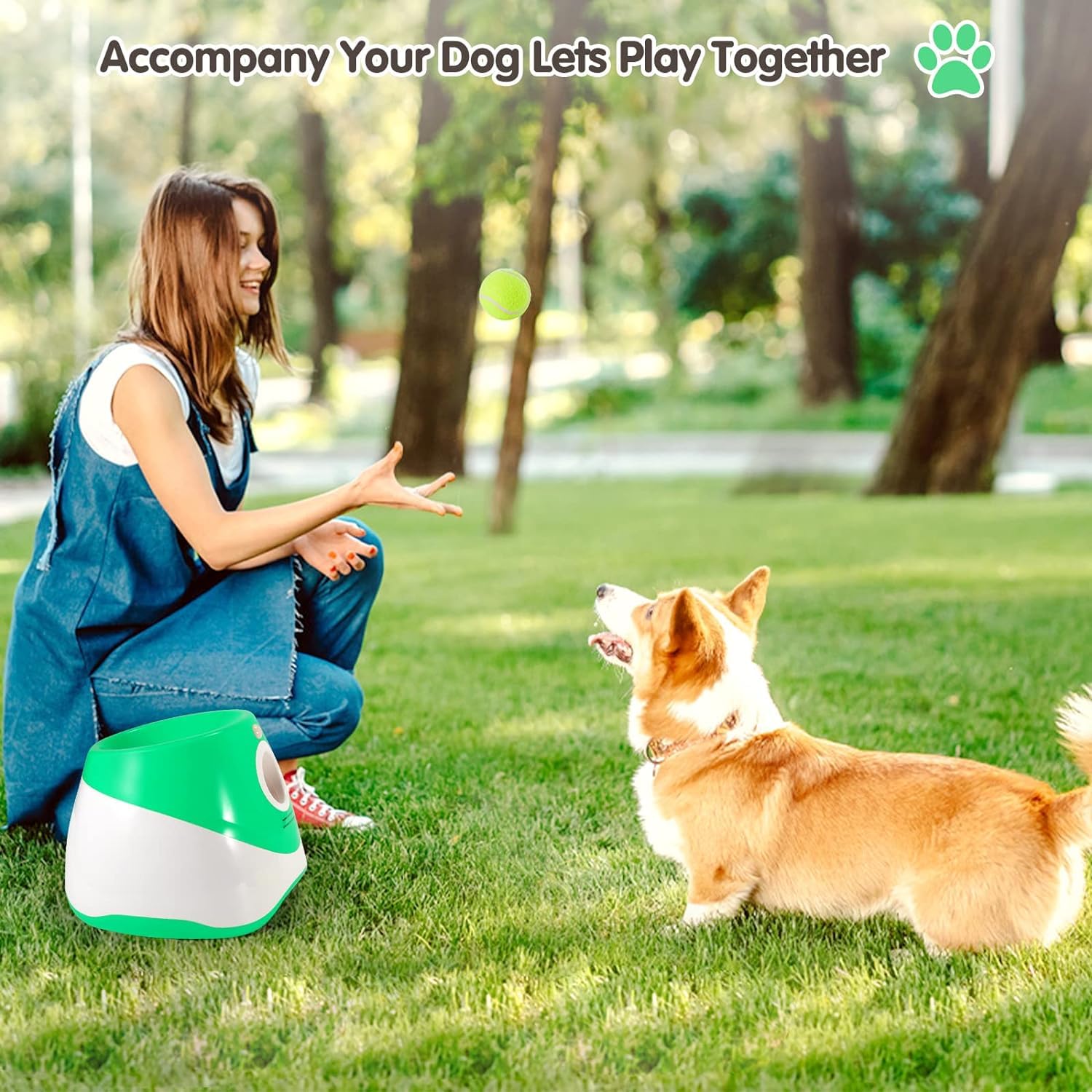 Automatic Dog Ball Launcher with 15 Mini Tennis Balls & Mesh Bag – Rechargeable Pet Toy for Small Dogs, Adjustable Launch Distance, Interactive Play (Green)