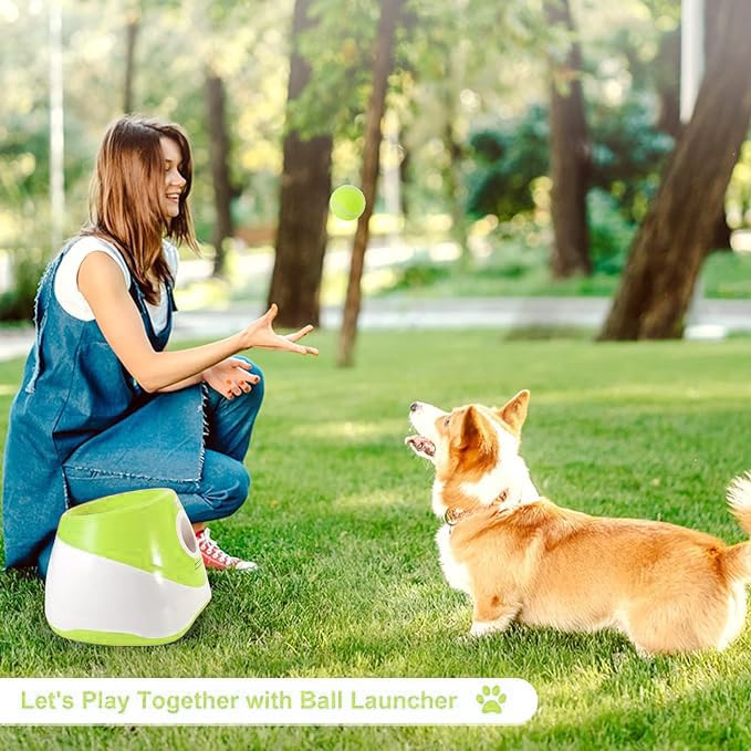 Automatic Dog Ball Launcher with 15 Mini Tennis Balls & Mesh Bag – Rechargeable Pet Toy for Small Dogs, Adjustable Launch Distance, Interactive Play (Light Green)