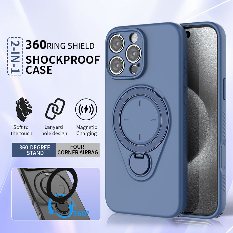 Magnetic Shockproof Case with 360-Degree Rotating Ring Stand for iPhone 16 Pro Max – Slim Protective Phone Cover with Airbag Corners and Wireless Charging Support for Home, Office, Travel and Daily Use (Blue)