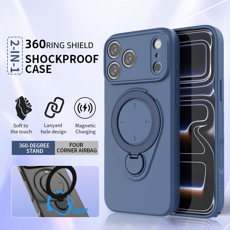 Magnetic Shockproof Case with 360-Degree Rotating Ring Stand for iPhone 17 Pro Max – Slim Protective Phone Cover with Airbag Corners and Wireless Charging Support for Home, Office, Travel and Daily Use (Orange)