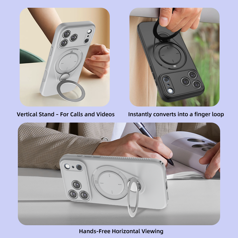 Magnetic Shockproof Case with 360-Degree Rotating Ring Stand for iPhone 17 Pro Max – Slim Protective Phone Cover with Airbag Corners and Wireless Charging Support for Home, Office, Travel and Daily Use (Purple)