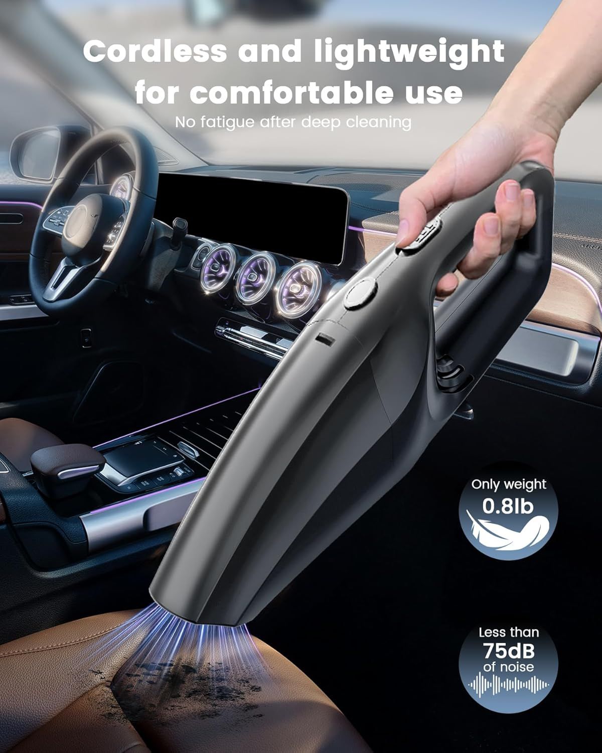Cordless Handheld Vacuum Cleaner with Washable Filter, Type-C Charging, 2 Attachments—For Car, Home, Office, Kitchen & Pet Areas—Lightweight, Easy Empty, Multi-Surface Use (Black)