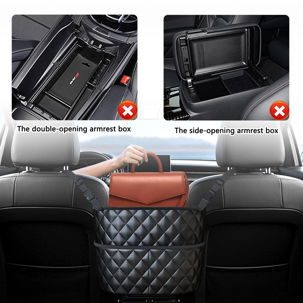 Car Seat Storage Bag: PU Leather Organizer with Hooks – Pet Barrier, Safe Driving Storage for Wallets/Phones (Black)