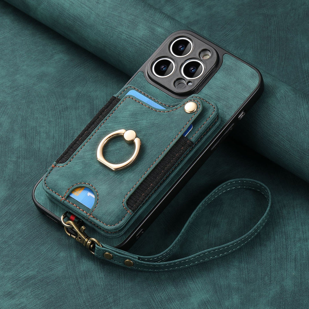 Leather RFID Anti-Theft Phone Case with Strap Compatible with iPhone 15 Pro Max Black Card Holder Loop Buckle