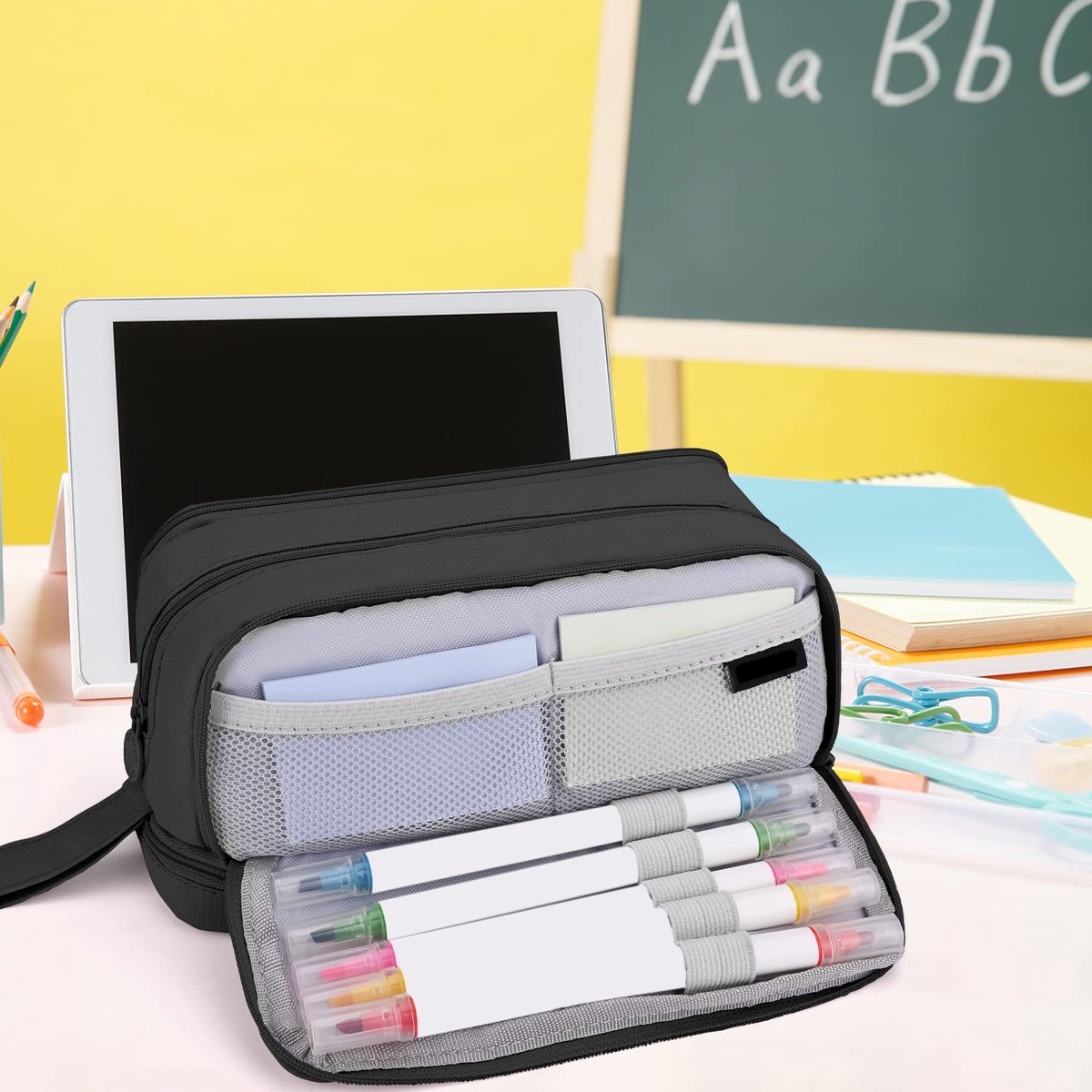 Pencil case - Pencil case - Pencil case for boys and girls - Multifunctional pencil case with compartments - School supplies - 22x11x9.5cm - Black
