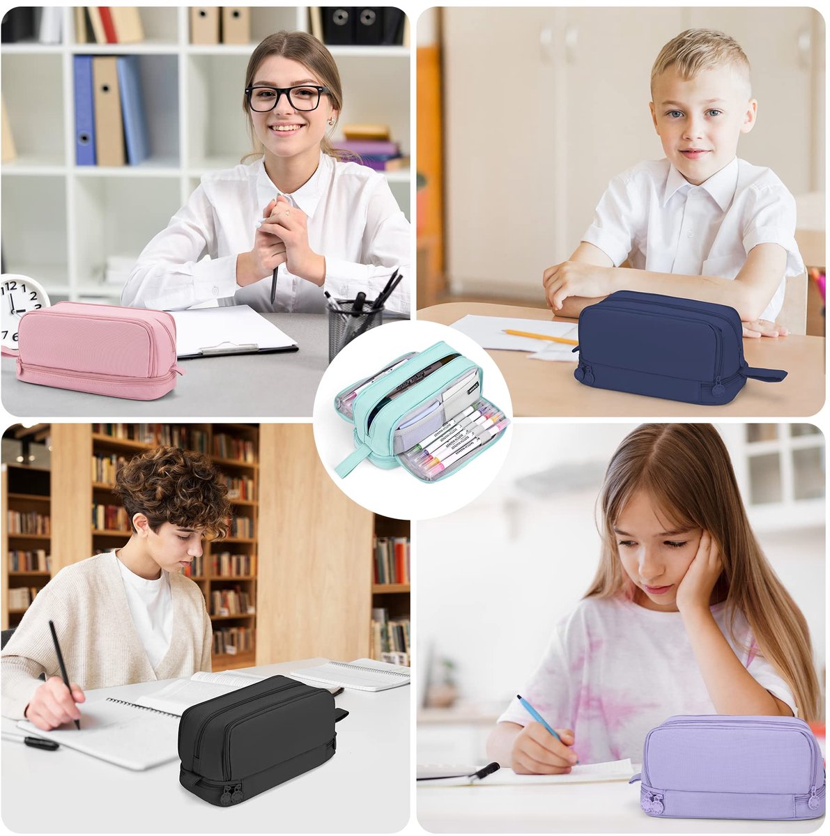 Pencil case - Pencil case - Pencil case for boys and girls - Multifunctional pencil case with compartments - School supplies - 22x11x9.5cm - Black