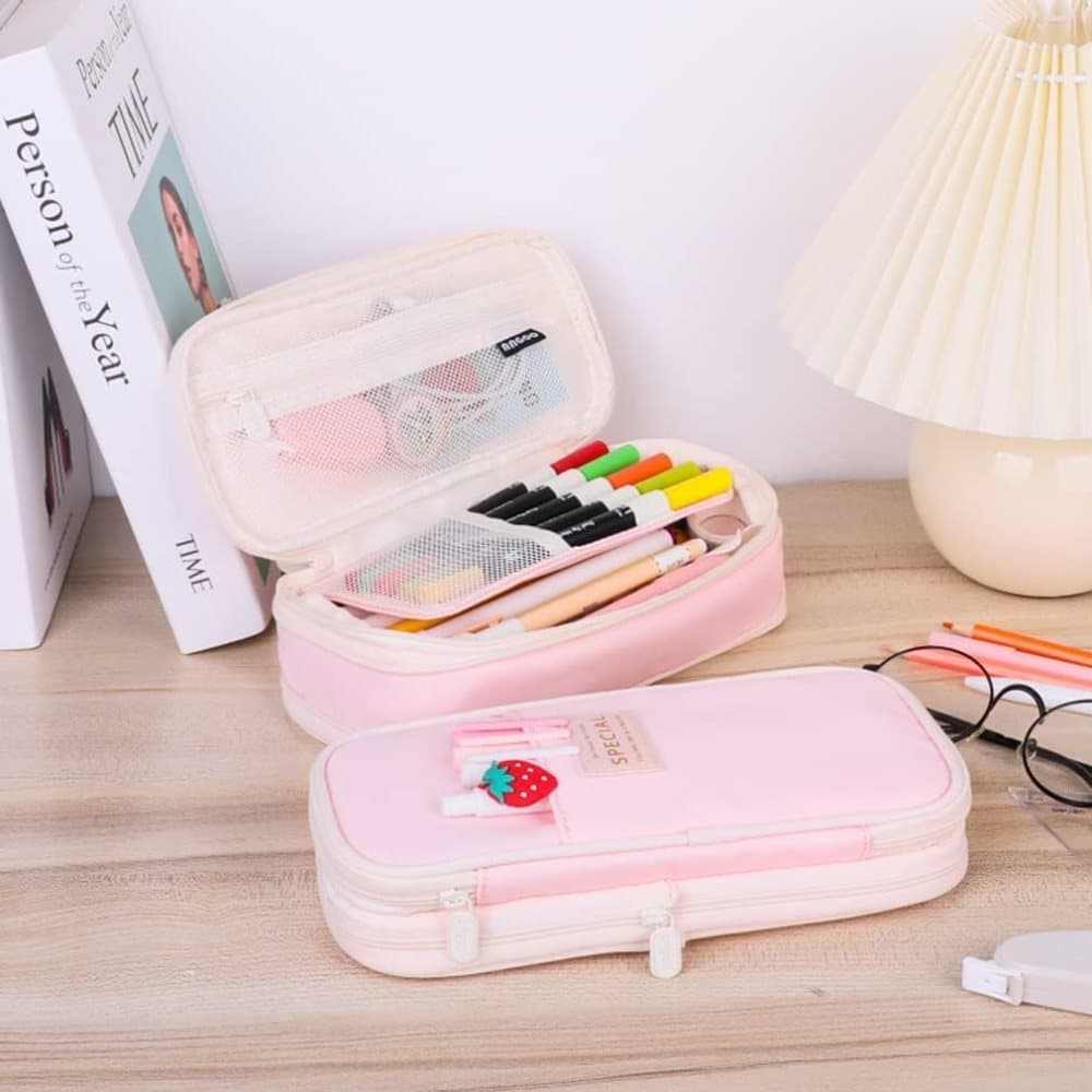 Pink Foldable Multifunctional Pencil Case with Zipper, Large Capacity Travel Pencil Case