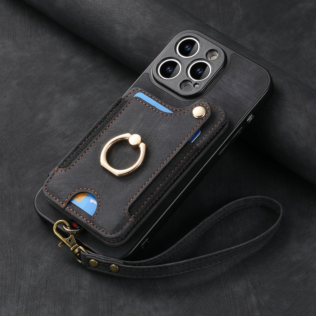 iPhone 11 Compatible Leather Case with RFID Blocking Multi-Functional Card Holder Lanyard Anti-Theft Ring Light Purple