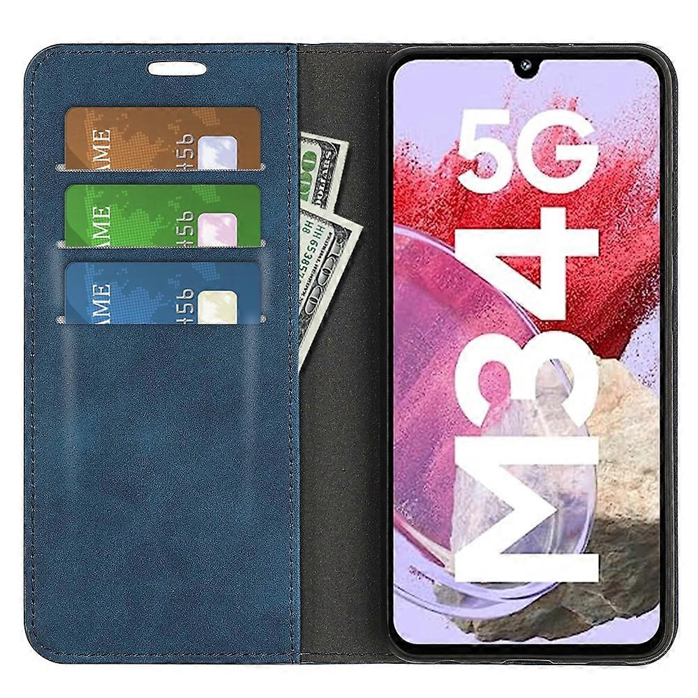 Compatible with Samsung Galaxy M34 5G Phone Case Retro Skin Magnetic Leather Dark Blue