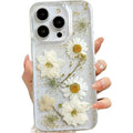 iPhone 16 Plus Case with Real Flowers Design, Transparent Glitter Floral TPU Slim Soft Protective Case for Women