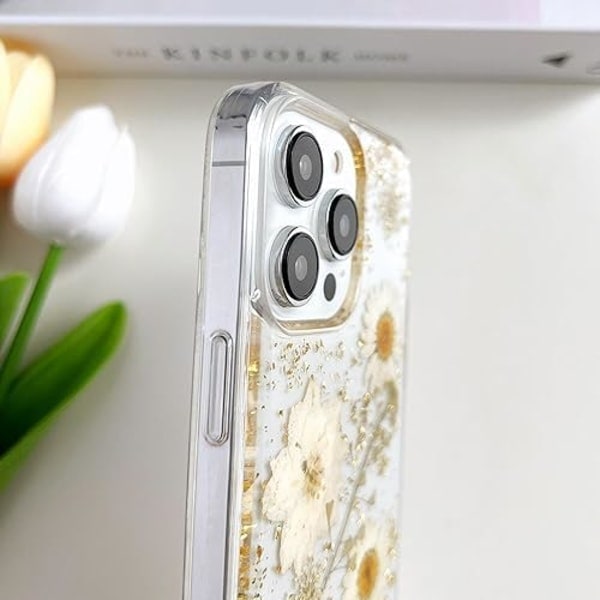 iPhone 16 Plus Case with Real Flowers Design, Transparent Glitter Floral TPU Slim Soft Protective Case for Women