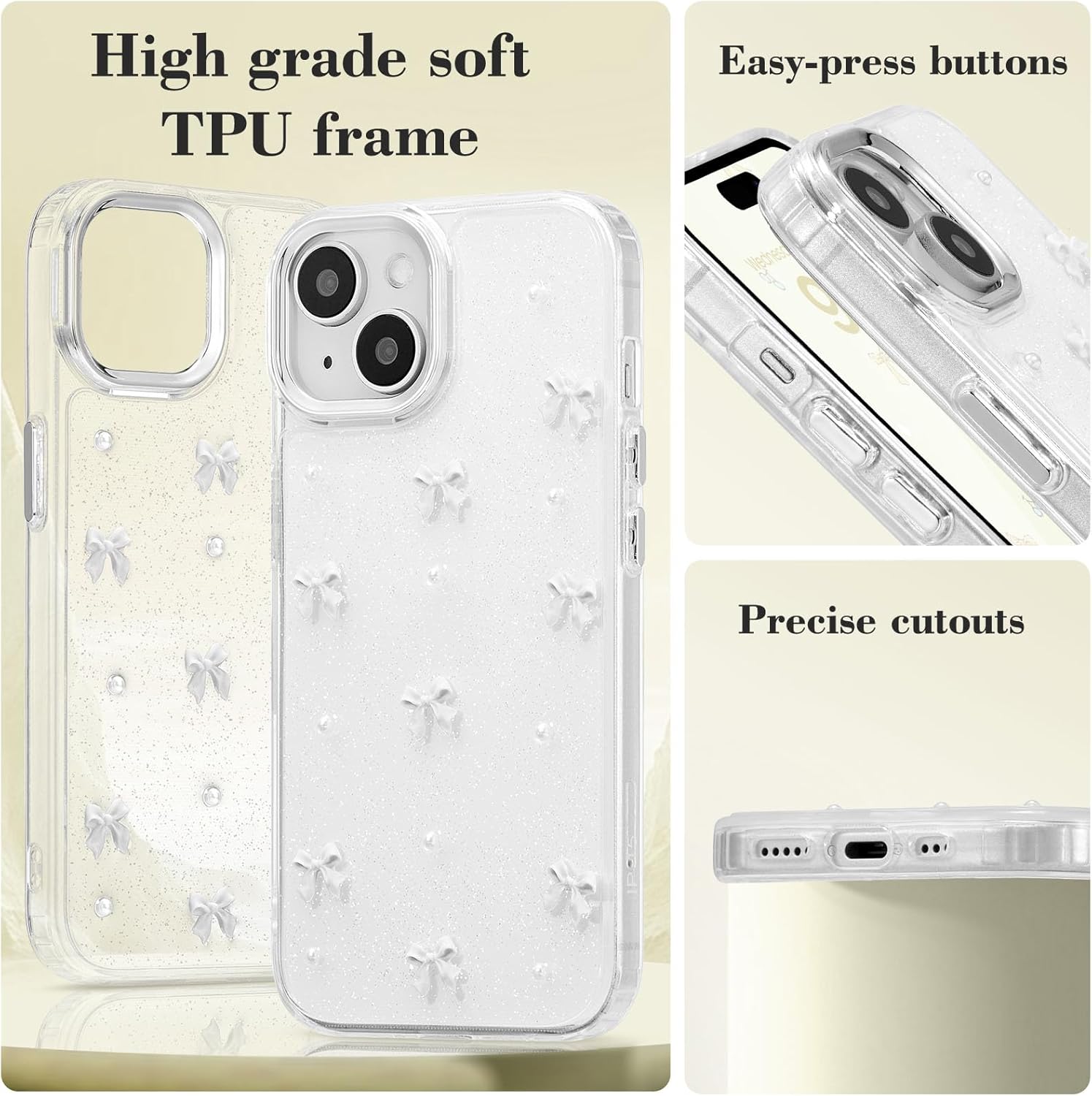 iPhone 15 Plus Case, Bling Glitter 3D Bowknot Protective Cover, Crystal Clear Sparkly White Slim Soft Durable Case Compatible with iPhone 15 Plus