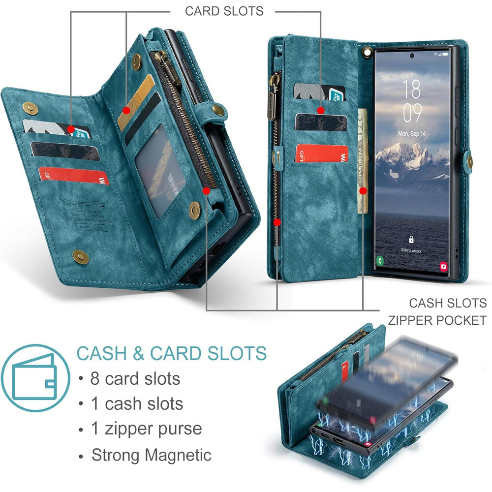 iPhone 16 Pro Max Leather Wallet Case with Magnetic Zipper, Detachable 2-in-1 Flip Cover with Card Holder Compatible with iPhone 16 Pro Max in Dark Pink