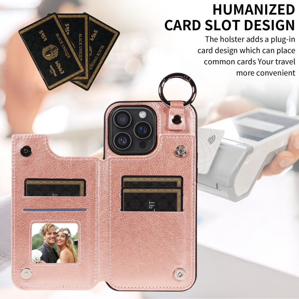 Compatible with Apple iPhone 16 Pro Max Case with Ring and Card Holder, PU Leather, Rose Gold Pink, Skalo