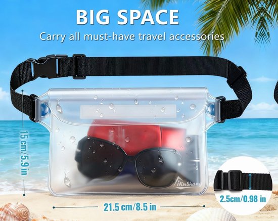 Waterproof Waist Pack with Triple Zipper & Touchscreen Phone Case – 2-Piece Set – Ideal for Beach, Cruise, Swimming, Kayaking and Outdoor Activities（White）