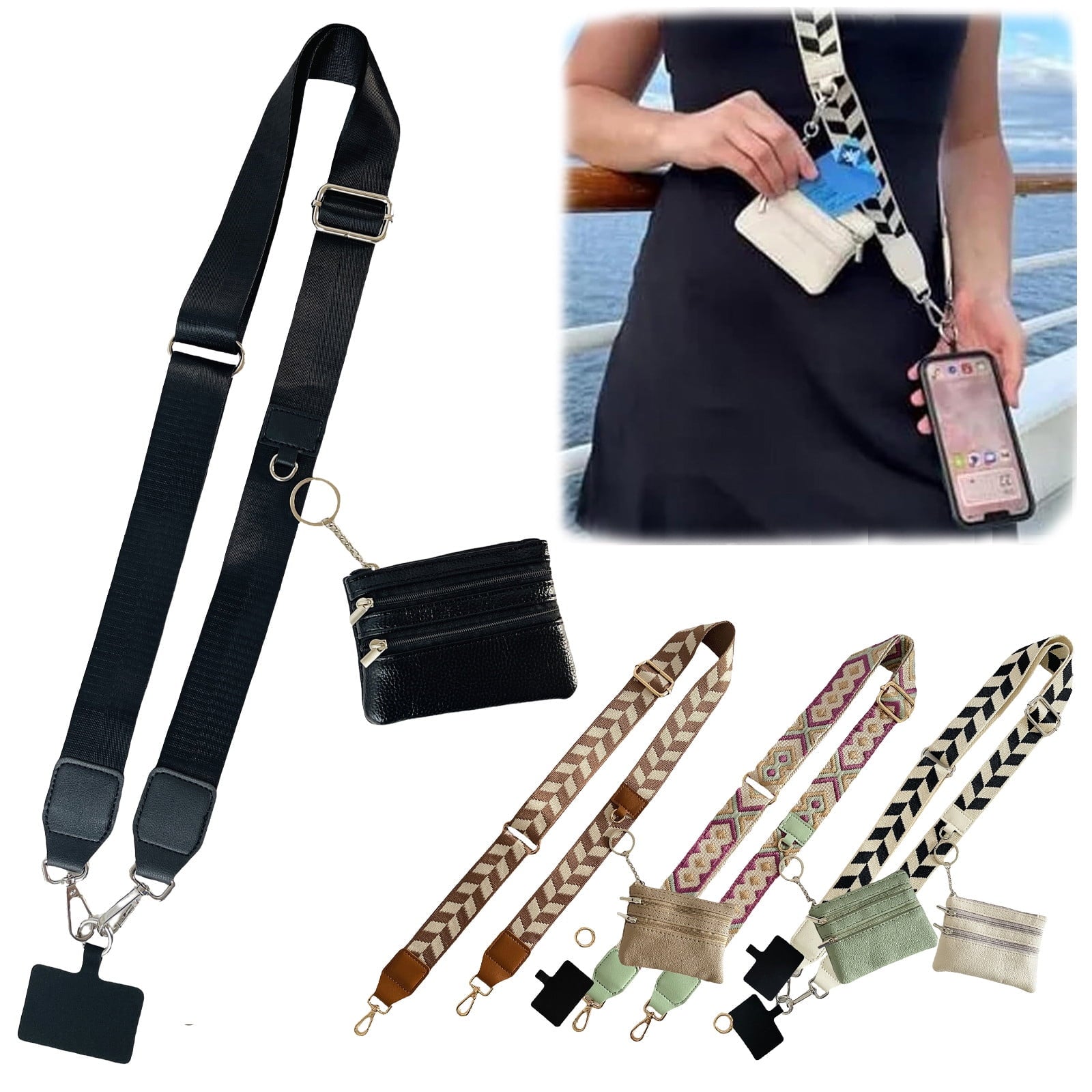 Clip and Go Phone Strap with Zipper Pouch,Crossbody Adjustable Chain Lanyard with PU Leather Wallet for All Phones Black-2pcs