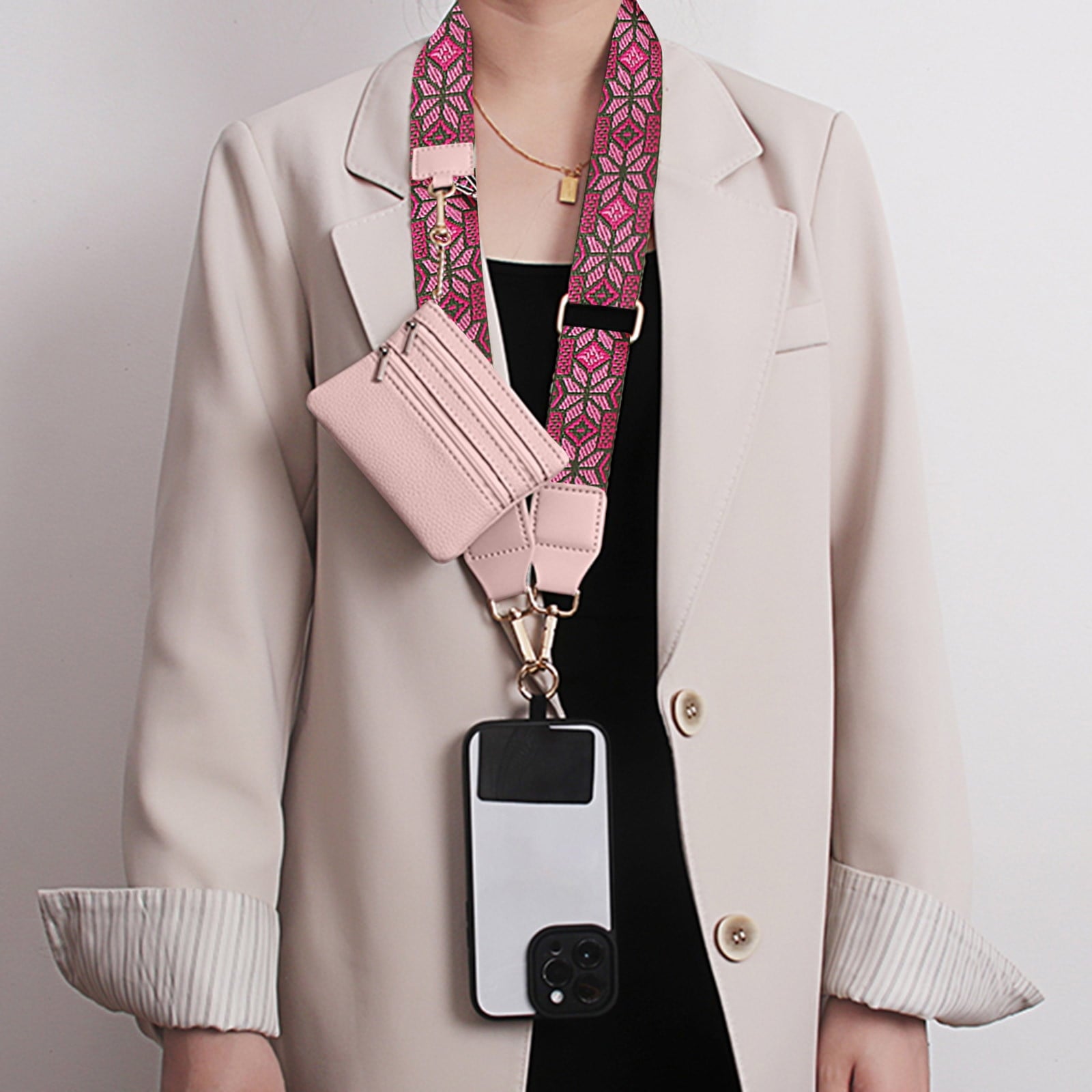 Clip and Go Phone Strap with Zipper Pouch,Crossbody Adjustable Chain Lanyard with PU Leather Wallet for All Phones C