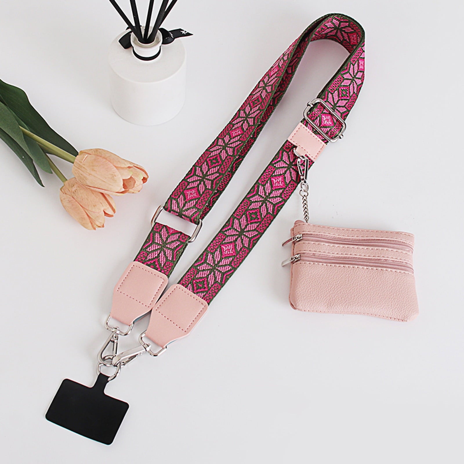 Clip and Go Phone Strap with Zipper Pouch,Crossbody Adjustable Chain Lanyard with PU Leather Wallet for All Phones C