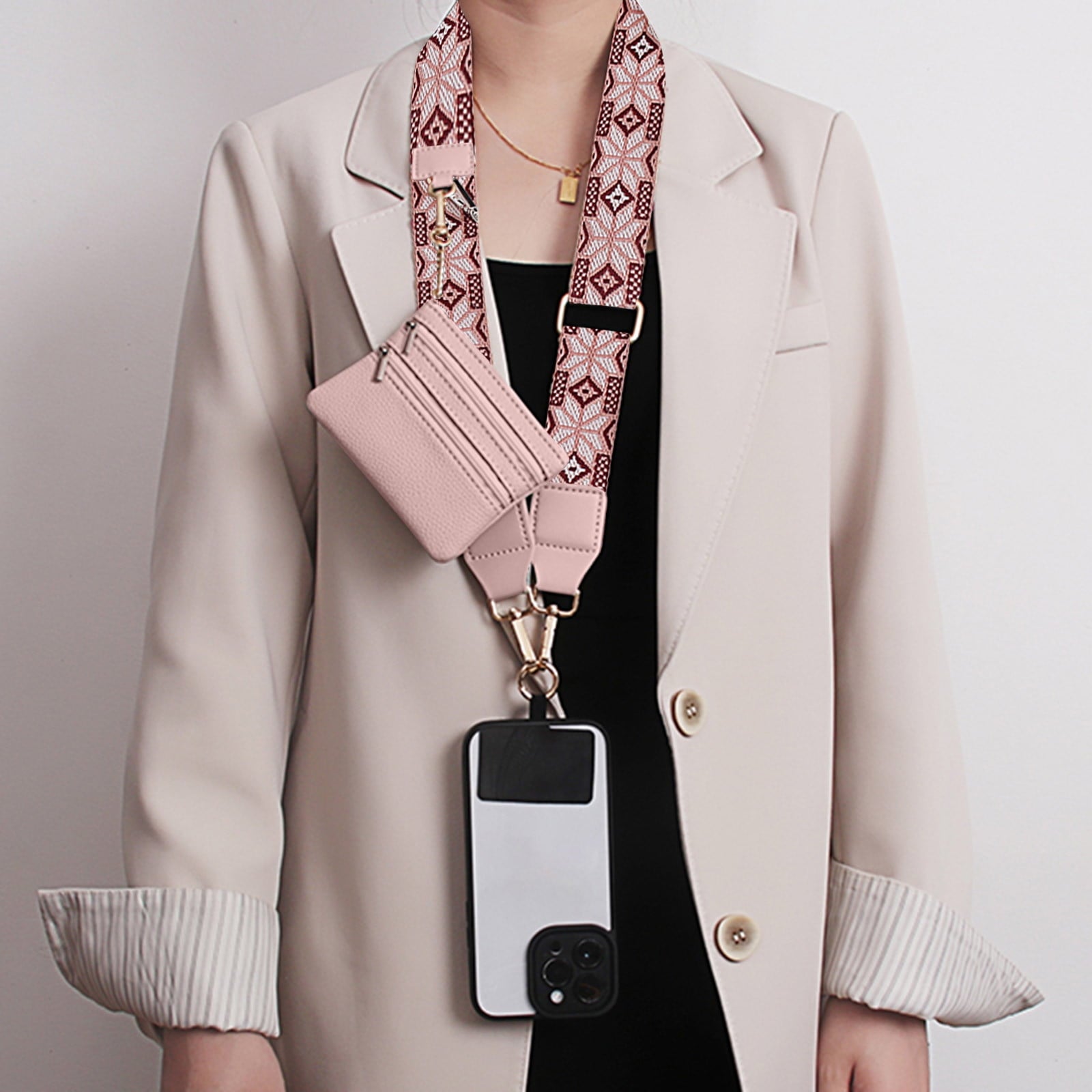 Clip and Go Phone Strap with Zipper Pouch,Crossbody Adjustable Chain Lanyard with PU Leather Wallet for All Phones D