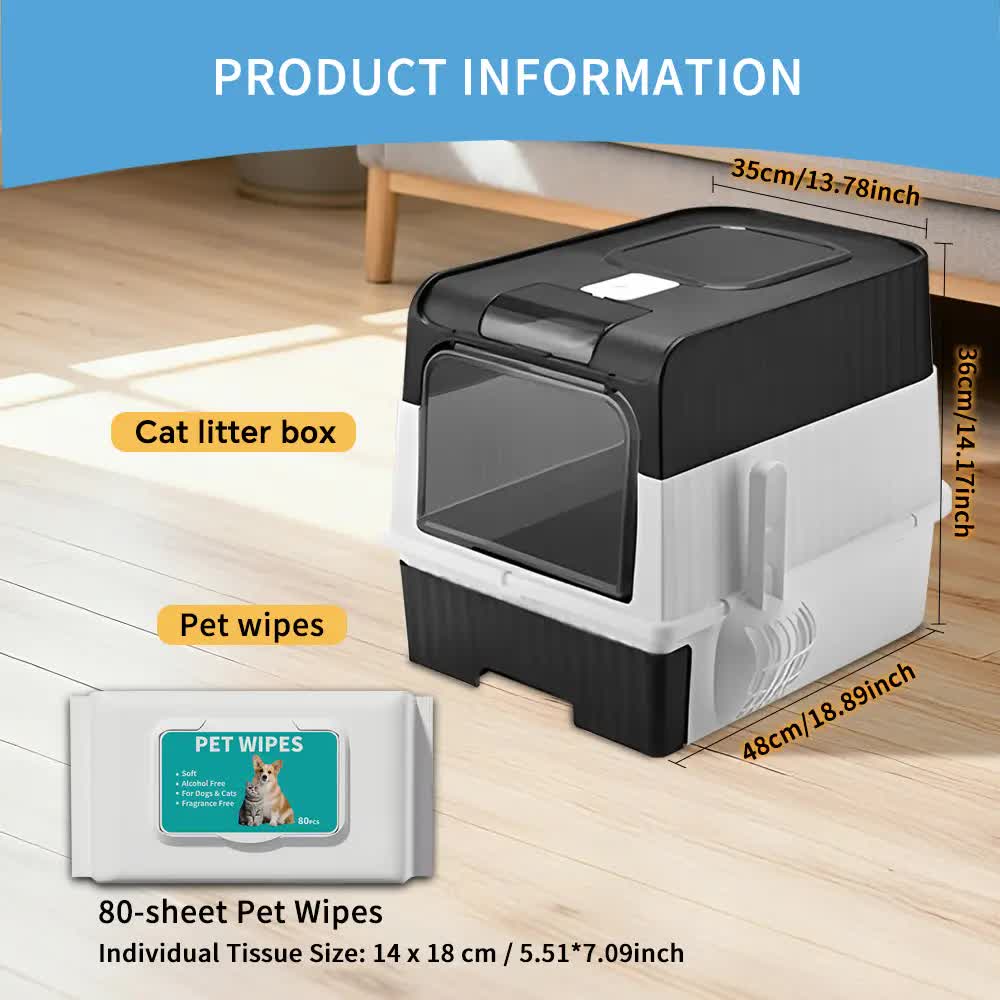 Huge Cat Litter Box Bundle with Free 80 Pet Wipes & Scoop, Drawer Type Enclosed Potty, Anti-Splashing Cat Toilet Kit for Big Cats