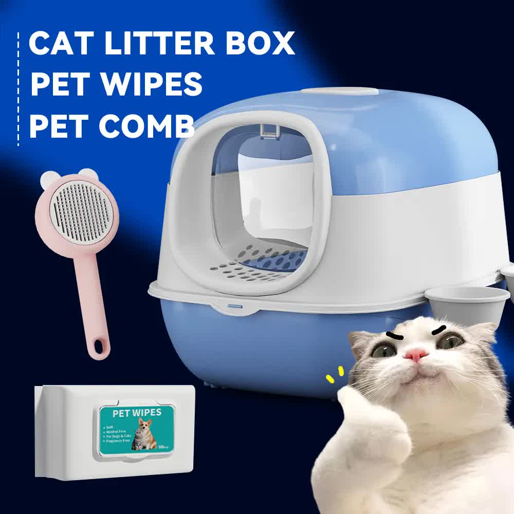 Huge 56cm Cat Litter Box Bundle with Free Pet Comb & 80 Wipes, Hooded Enclosed Potty with Drawer, Anti-Splashing Cat Toilet Cleaning Kit for Big Cats