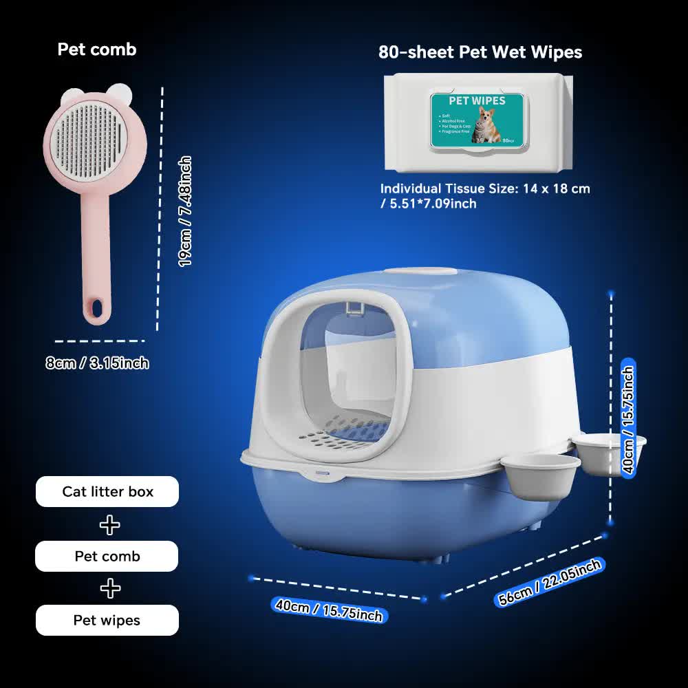 Huge 56cm Cat Litter Box Bundle with Free Pet Comb & 80 Wipes, Hooded Enclosed Potty with Drawer, Anti-Splashing Cat Toilet Cleaning Kit for Big Cats