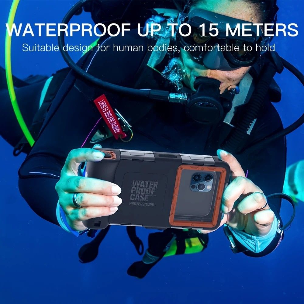 15m Waterproof Phone Case for Diving & Surfing - 1 Hour Underwater Shooting, Dual Seal, Zinc Alloy Buckle, Fits iPhone Samsung Xiaomi up to 6.9 Inch(black+orange)