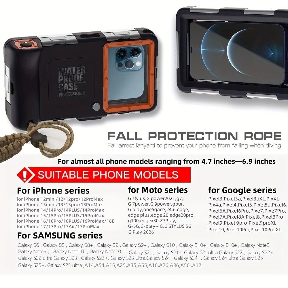15m Waterproof Phone Case for Diving & Surfing - 1 Hour Underwater Shooting, Dual Seal, Zinc Alloy Buckle, Fits iPhone Samsung Xiaomi up to 6.9 Inch(black+green)