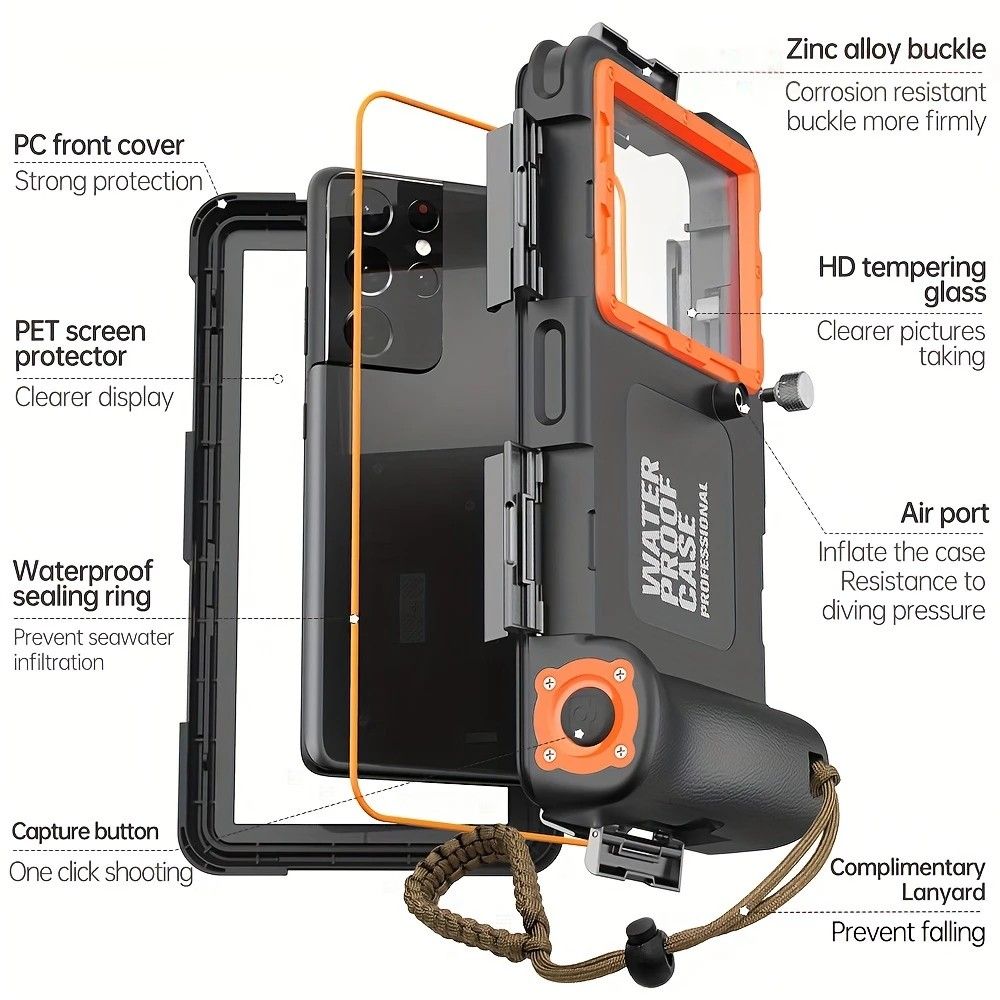 15m Waterproof Phone Case for Diving & Surfing - 1 Hour Underwater Shooting, Dual Seal, Zinc Alloy Buckle, Fits iPhone Samsung Xiaomi up to 6.9 Inch(blue+orange)