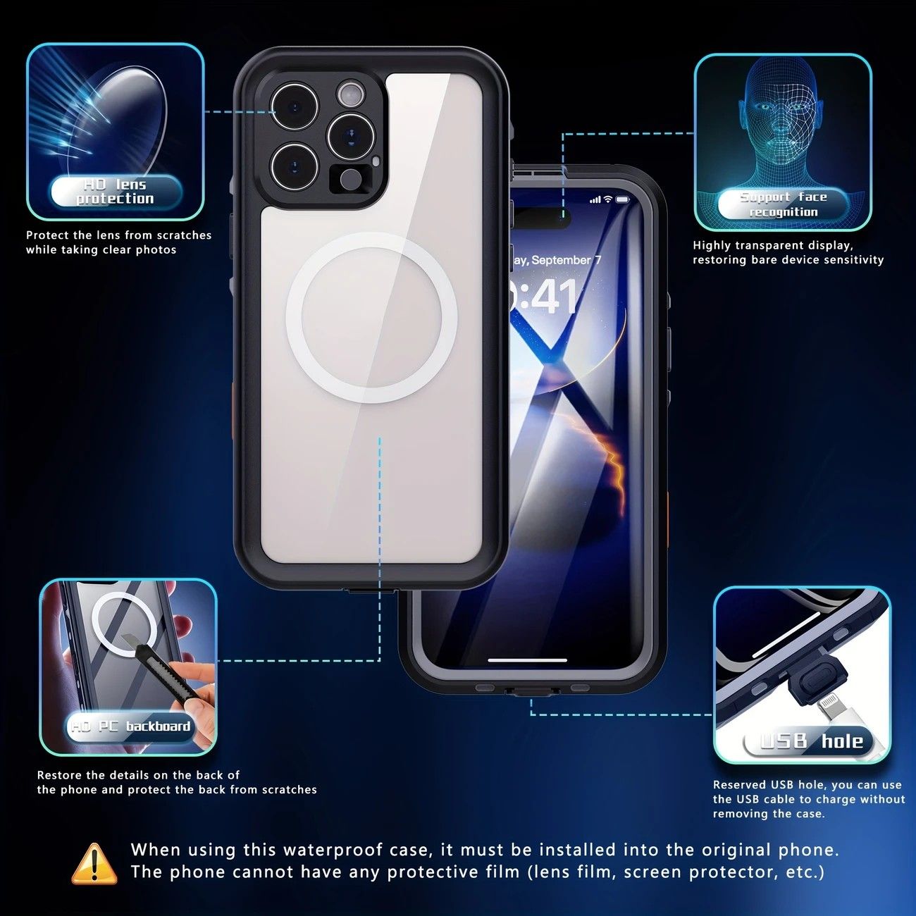 iPhone 16 Plus Waterproof Phone Case IP68 Drop Protection Snow Dust Resistant with Lanyard for Swimming Skiing Off Road Adventures(black)