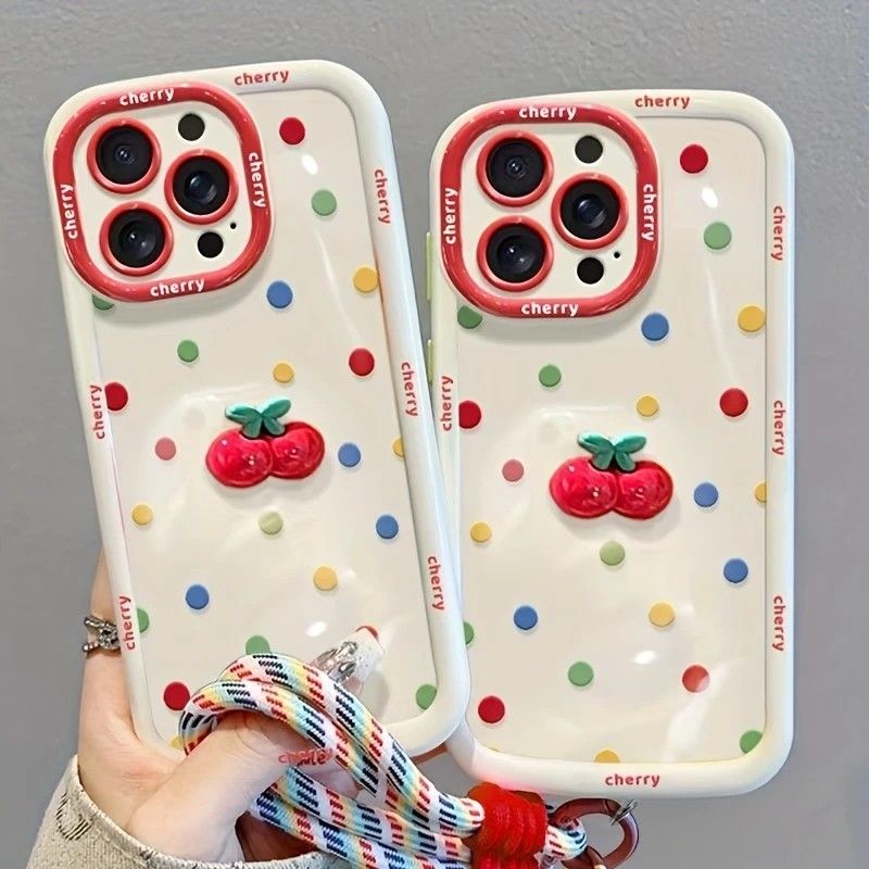 Creamy White Shell Cherry Painting iPhone Case Silicone Drop Protection Full Lens Cover with Lanyard Cute Polka Dot Design(iPhone16)