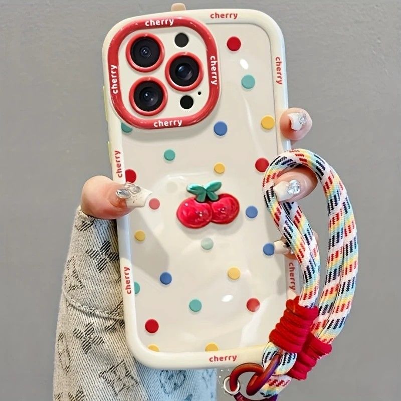 Creamy White Shell Cherry Painting iPhone Case Silicone Drop Protection Full Lens Cover with Lanyard Cute Polka Dot Design(iPhone16)