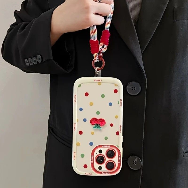 Creamy White Shell Cherry Painting iPhone Case Silicone Drop Protection Full Lens Cover with Lanyard Cute Polka Dot Design(iPhone16plus)