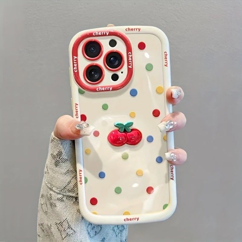 Creamy White Shell Cherry Painting iPhone Case Silicone Drop Protection Full Lens Cover with Lanyard Cute Polka Dot Design(iPhone17 pro)