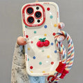 Creamy White Shell Cherry Painting iPhone Case Silicone Drop Protection Full Lens Cover with Lanyard Cute Polka Dot Design(iPhone17 promax)