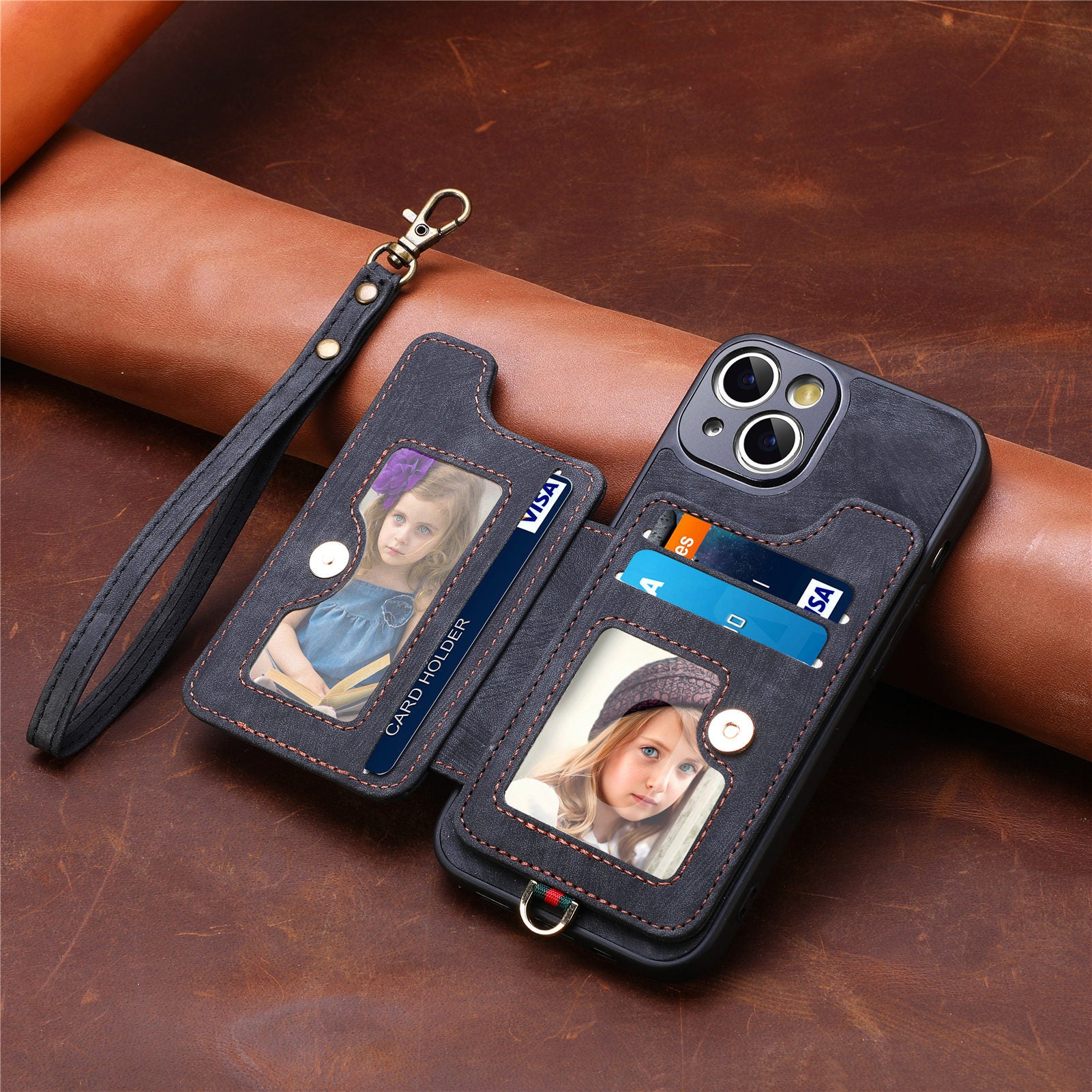 Mobile Phone Leather Case Compatible with iPhone RFID Anti-Theft Swipe Loop Buckle Rope Multifunctional Card Holder Black [With Leather Strap] Black [With Leather Lanyard]] iPhone 15 Pro Max
