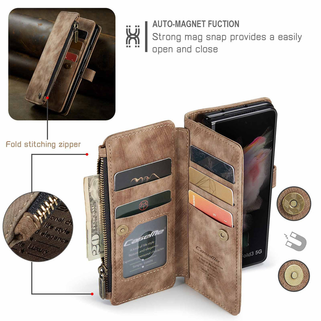 Samsung Galaxy Z Fold 3 Case - Retro Wallet with Card Slots, Magnetic Stand & Strap, Compatible with Samsung