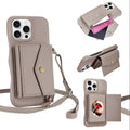 Horizontal Card Pocket Phone Case in Litchi Texture with Long Cord Grey Grey For iPhone 14 Pro