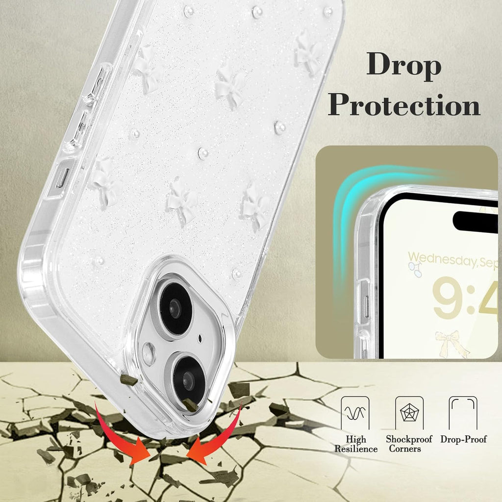 Compatible with iPhone 15 Plus, Bling Glitter 3D Bowknot Phone Case Cute Sparkly Crystal Clear Bowknot Slim Soft Durable Protective Case White iPhone 15 Plus