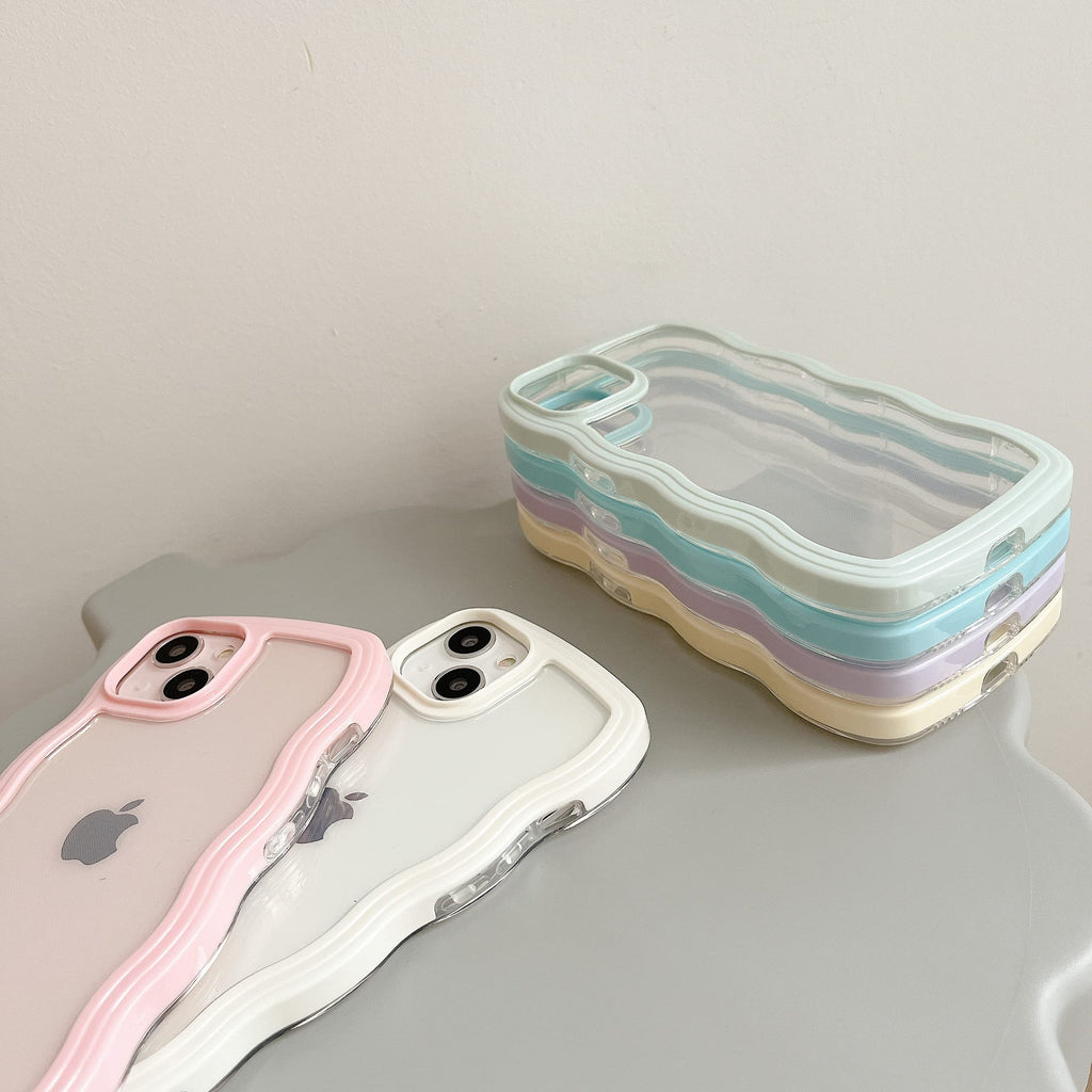 Transparent Cute Curly Simple Wavy Case, Aesthetic Design Bumper, Soft TPU for iPhone 14 Pro Max-White