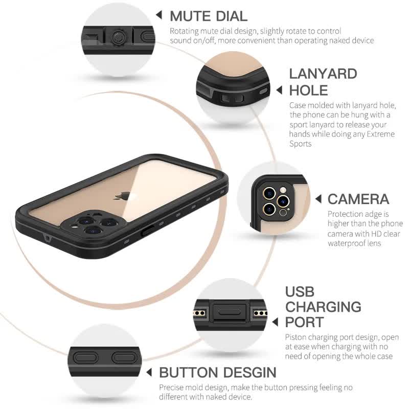 IP68 Waterproof Case for iPhone 15 14 13 12 11 Pro Max XS Max XR 7 8 RedPepper Transparent Protection Diving Underwater Swimming Outdoor Sports Black Black i-Phone 12 Pro Max