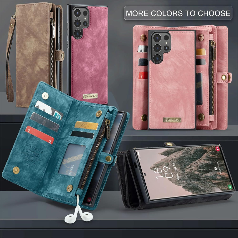 2-in-1 Detachable Wallet Case for iPhone 16 & Samsung, Retro Leather Flip Case with Card Holder & Magnetic Zipper, Dark Pink Dark Pink iPhone16 Pro Max
