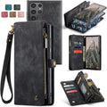 2-in-1 Detachable Wallet Case for  Samsung S25, Retro Leather Flip Case with Card Holder & Magnetic Zipper Black