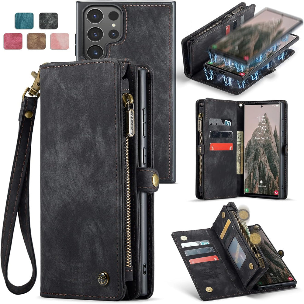 2-in-1 Detachable Wallet Case for  Samsung S25, Retro Leather Flip Case with Card Holder & Magnetic Zipper Black