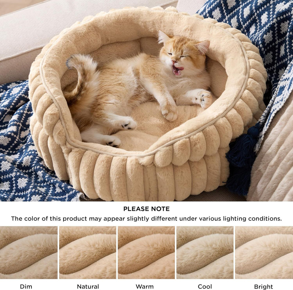 Cat Bed, Washable Round Cute Cat Beds for Indoor Cats, Super Soft Corduroy Pet Bed for Puppy and Kitten with Anti-Slip Bottom, 23''x23''x8.5'', Sandy Beige