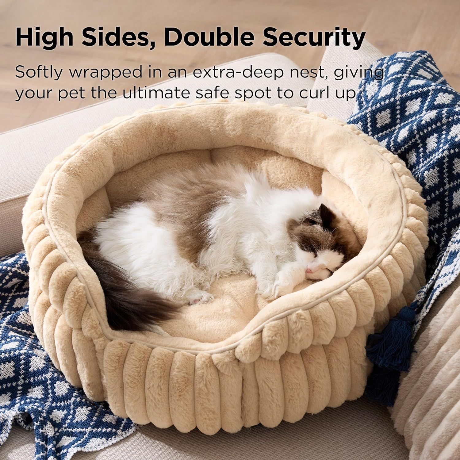 Cat Bed, Washable Round Cute Cat Beds for Indoor Cats, Super Soft Corduroy Pet Bed for Puppy and Kitten with Anti-Slip Bottom, 23''x23''x8.5'', Sandy Beige